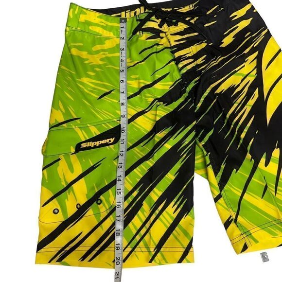 Slippery Board Shorts Solar Tie Front Black Neon Green Yellow Side Pocket Men 30 - Picture 8 of 15